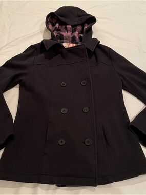 OP Double-Breasted Hooded Peacoat in Black with Pink Lining